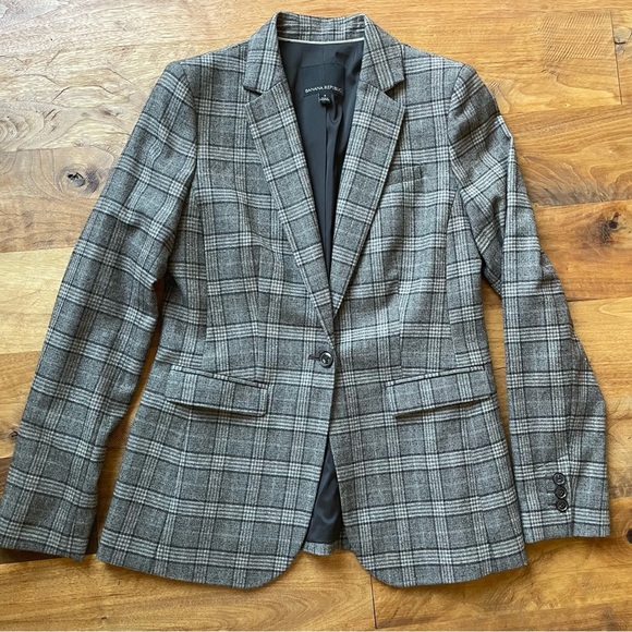 Banana Republic Brown and Gray Wool Heritage Glen Plaid Classic Blazer size 4 - Picture 6 of 14